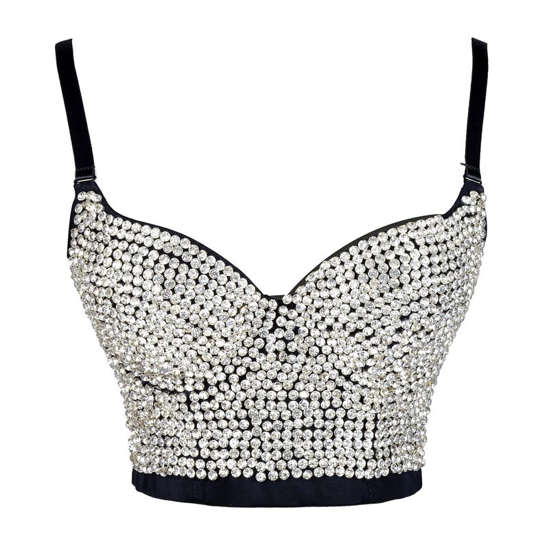ELLACCI Women's Rhinestone Diamond Push up Bustier Crop Top Sexy Punk Corset Bra Black Medium - Image 2
